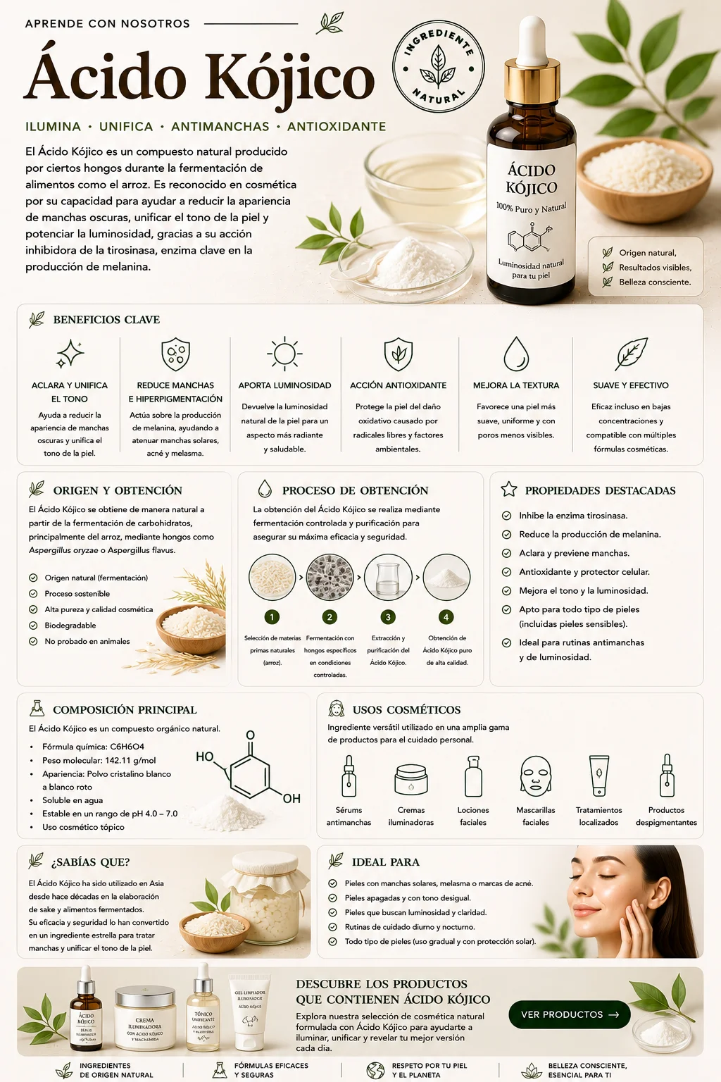 Ácido Kójico: propiedades y beneficios cosméticos