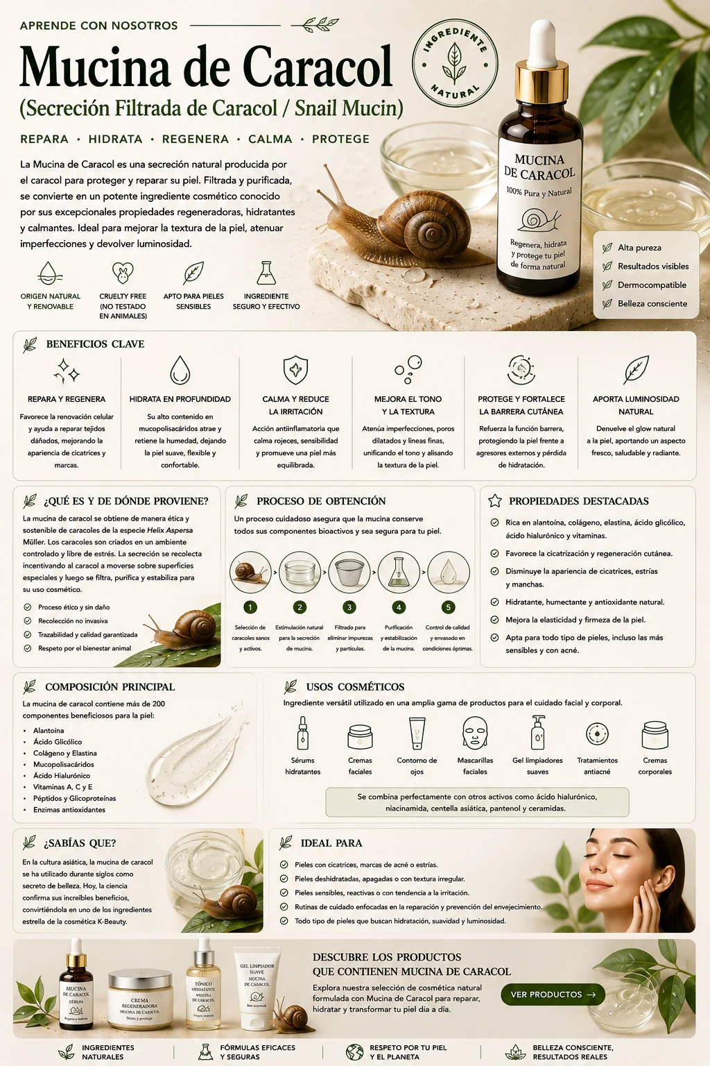Mucina de caracol: propiedades y beneficios cosméticos